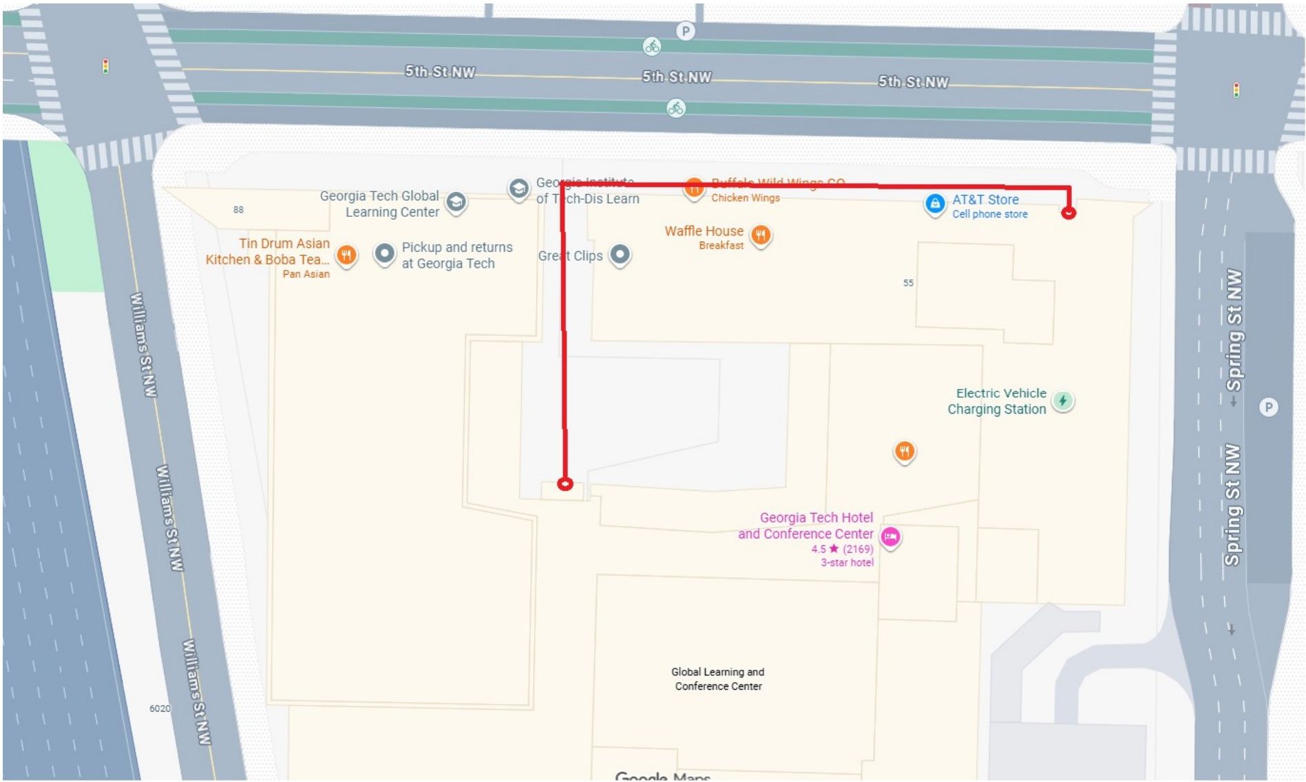 Walking route from Georgia Tech Hotel to the Global Learning Center
