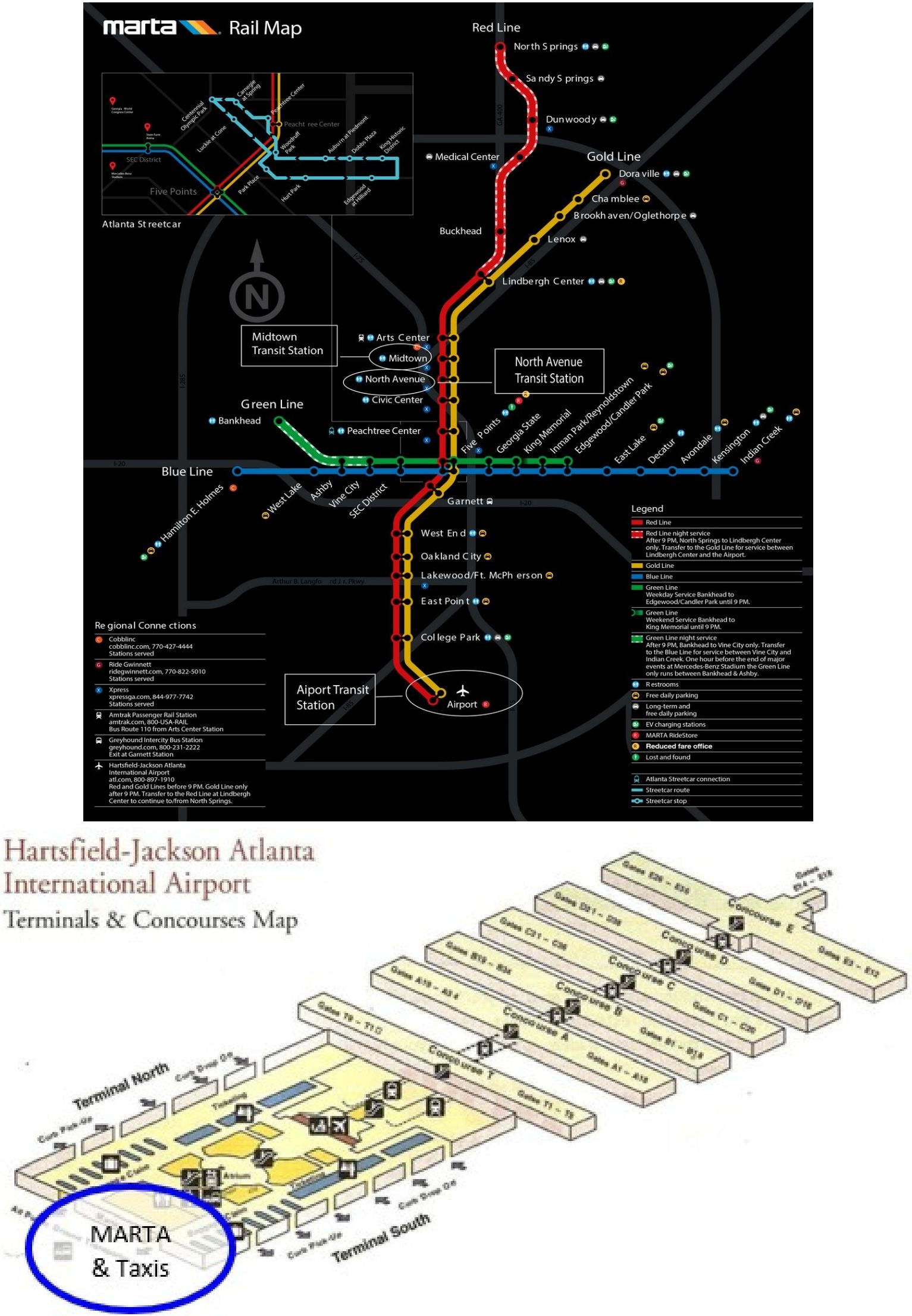 MARTA rail map and Hartsfield-Jackson airport terminals map